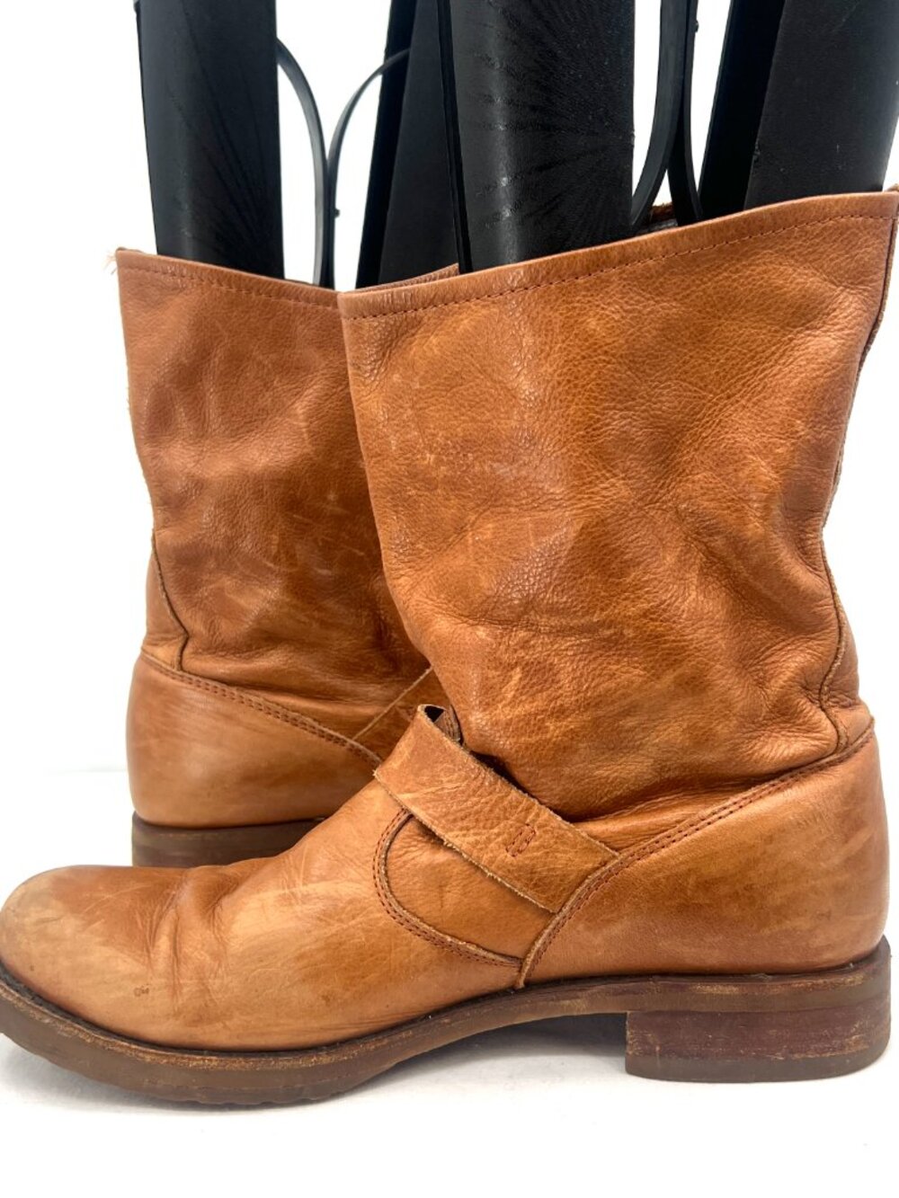 Frye Veronica Cognac Leather Buckle Moto Slouch Boots Women's 9 - Picture 2 of 10